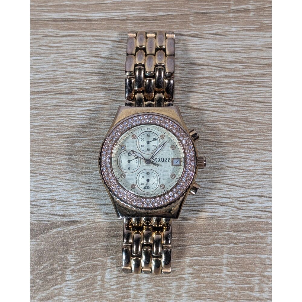 Stauer Women’s Gold Tone Chronograph Watch Rhinestone Bezel Quartz Date